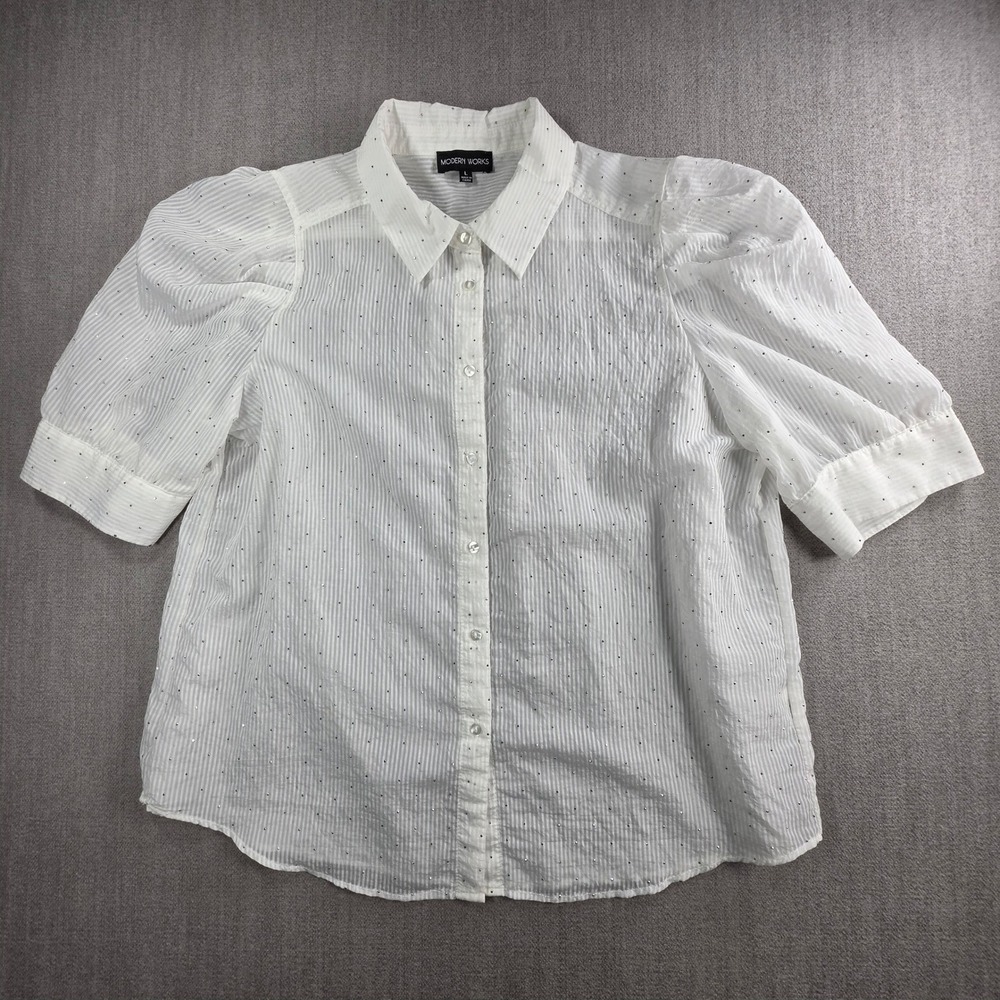 Modern Works Rhinestone Embellished Top Womens L White Puff Sleeve Button Down